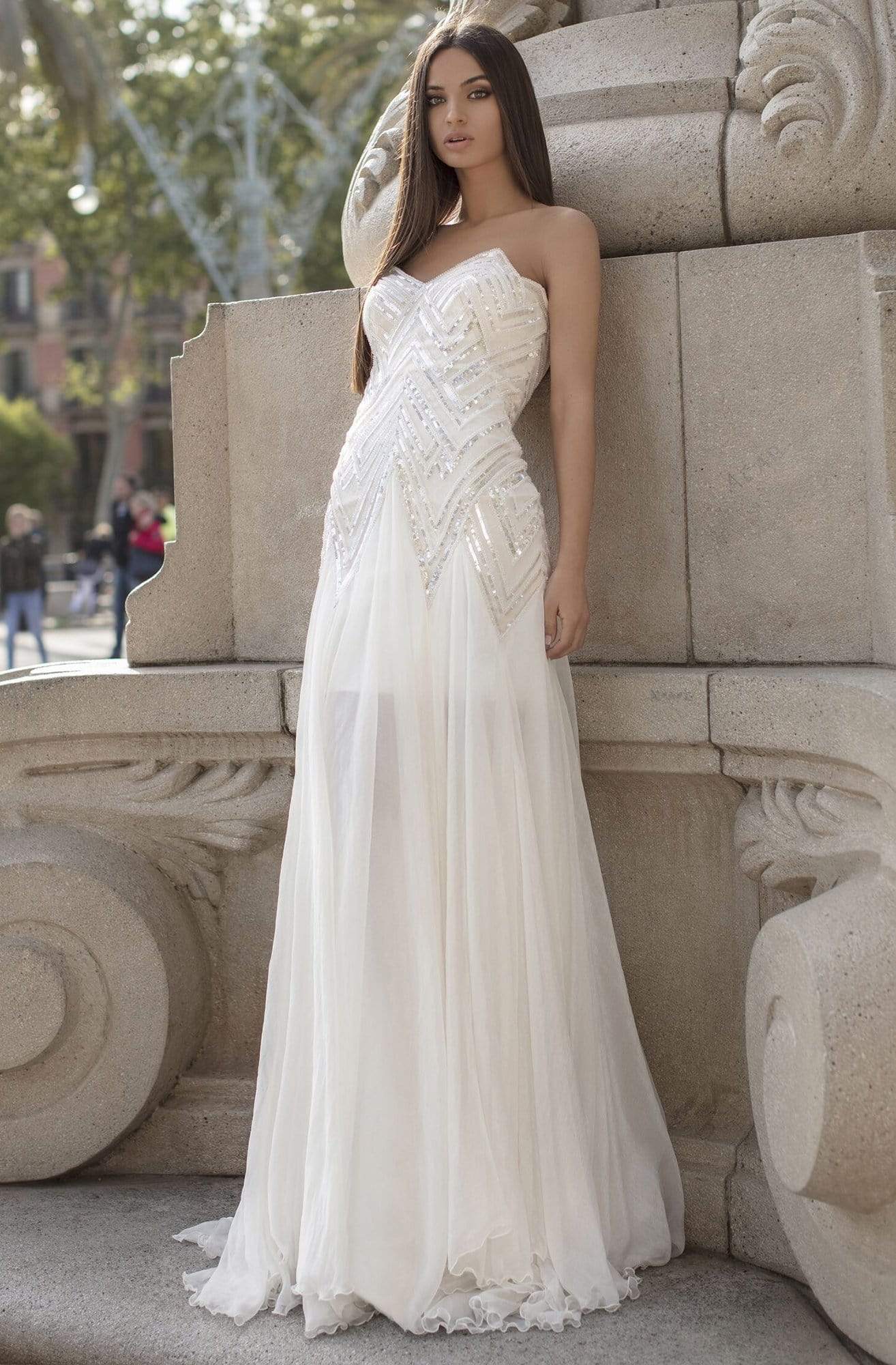 Tarik Ediz - 93845 Sequined V-neck A-line Dress Evening Dresses 0 / Ivory