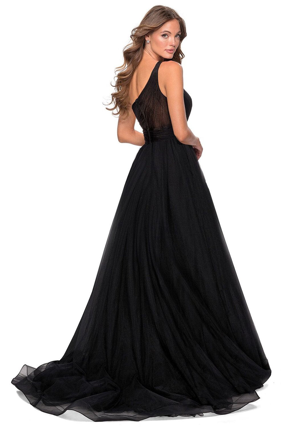 La Femme - Shirred One Shoulder High Slit A-Line Dress 28383SC In Black