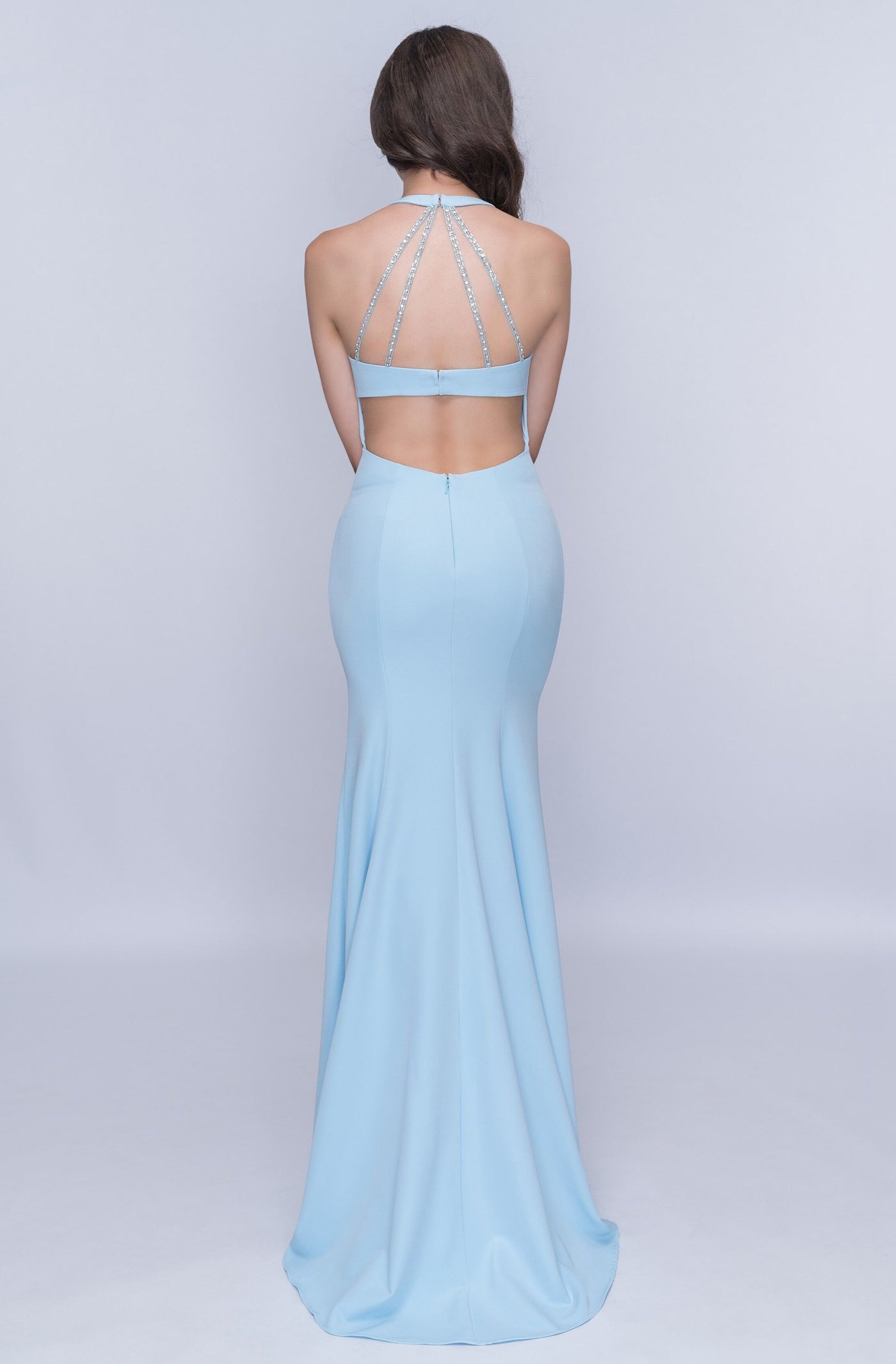 Nina Canacci - 6025 Plunging Halter Fitted Evening Gown In Blue