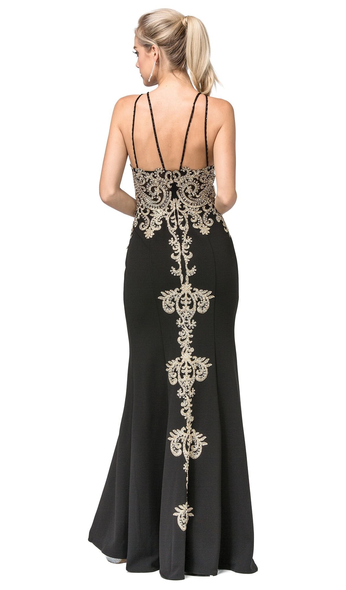 Dancing Queen - 2836 Appliqued Halter Gown with Slit In Black