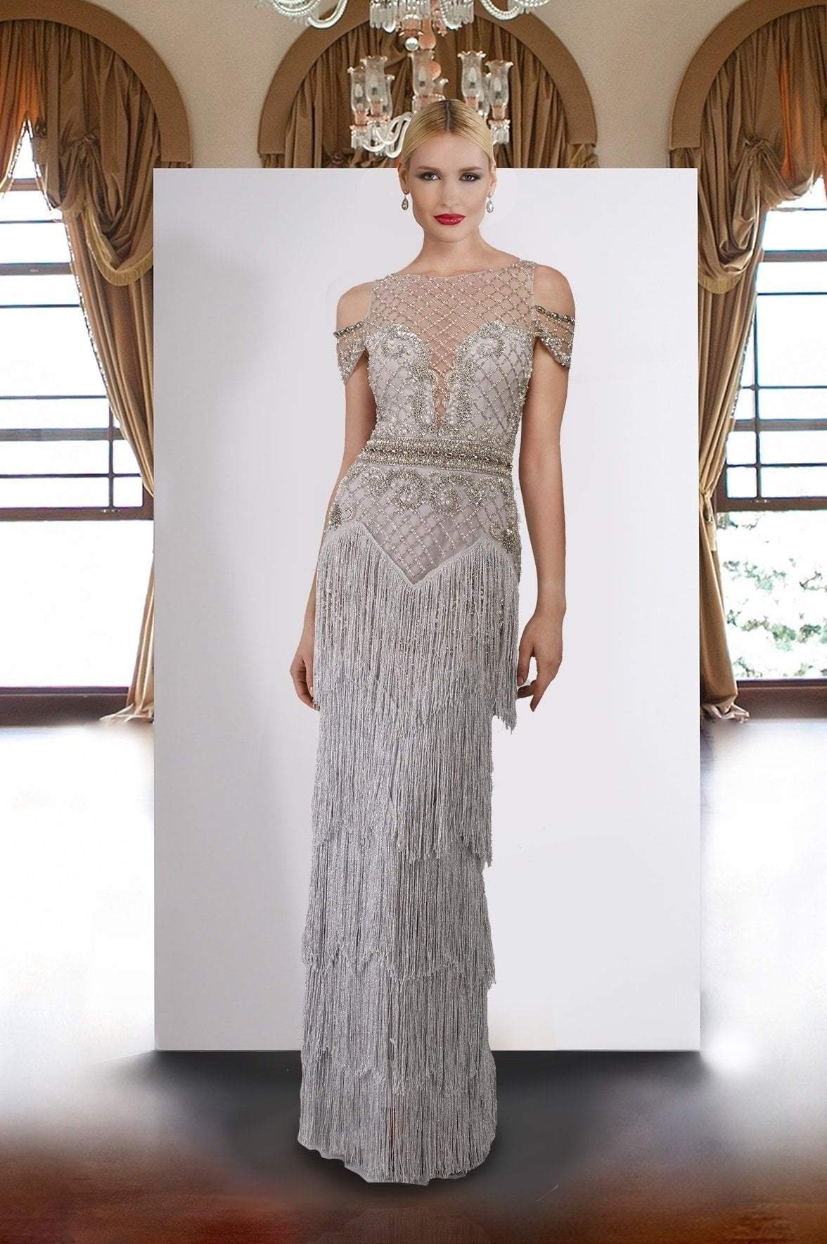 Janique - Lattice Beaded Illusion Bateau Fringe Gown W1683 In Silver and Gray