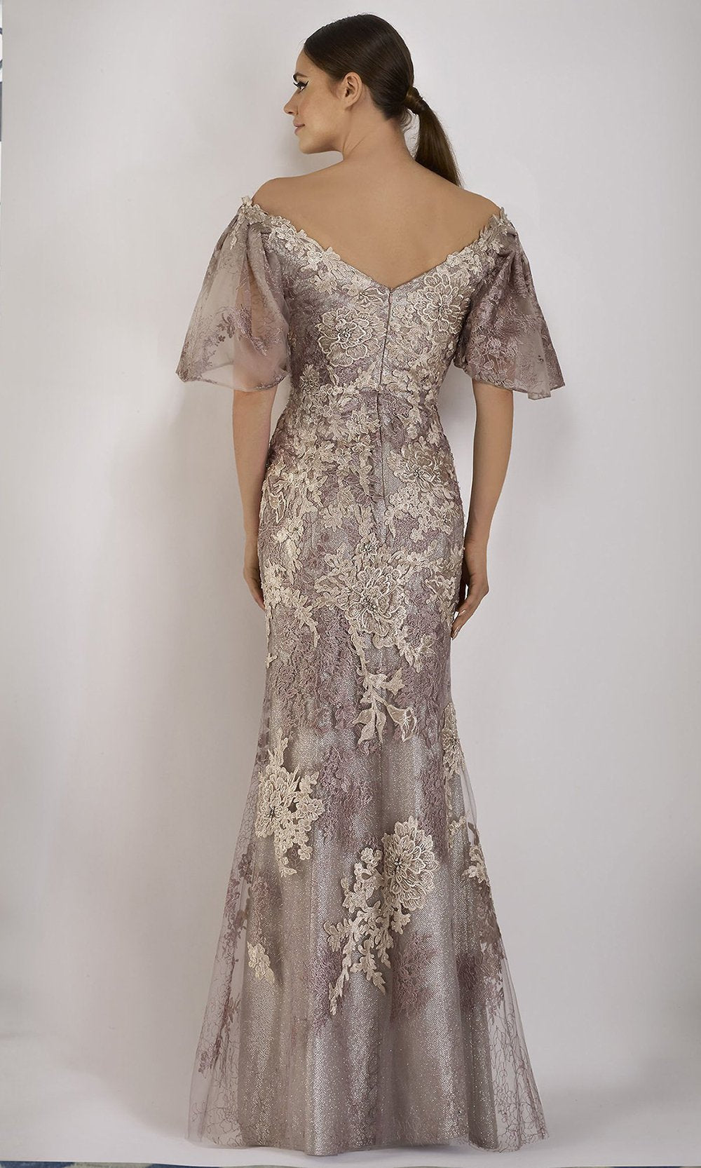 Janique - Embroidered Off-Shoulder Trumpet Dress W2409 In Neutral