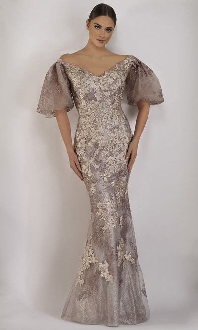 Janique - Embroidered Off-Shoulder Trumpet Dress W2409 In Neutral