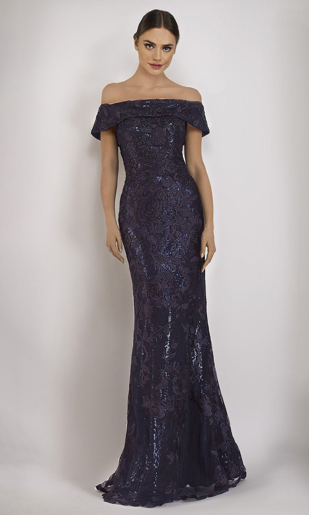 Janique - W2520 Beaded Lace Off-Shoulder Trumpet Gown In Blue