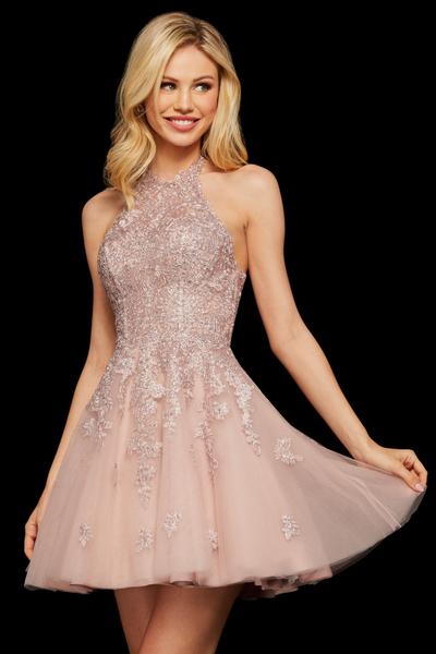 Sherri Hill - Beaded Lace Appliqued Short Dress 53100 In Pink