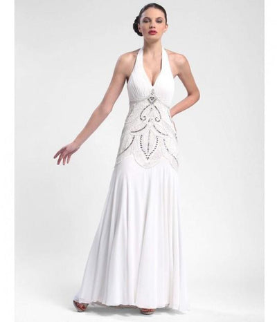 Sue Wong - Sequined Art Deco Halter Dress W5231 in White