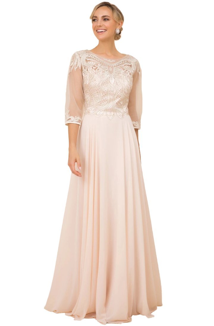 Nox Anabel - Illusion Quarter Sleeve Lace Ornate A-Line Dress Y512 In Gold