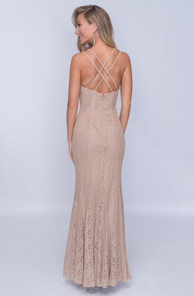 Nina Canacci - 4186 Lace Applique Plunging V-neck Trumpet Dress in Taupe