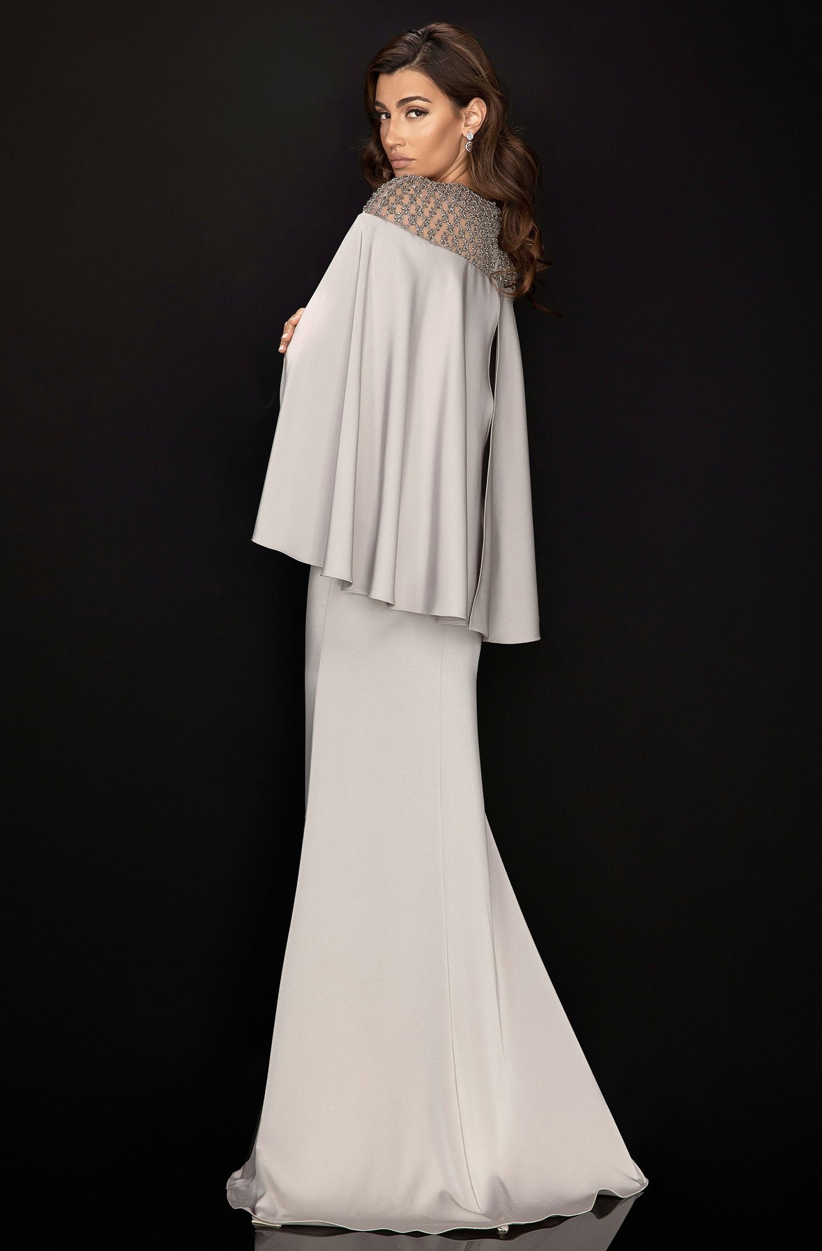 Terani Couture - 2011M2155 Beaded Long Sleeves Gown with Cape In Gray