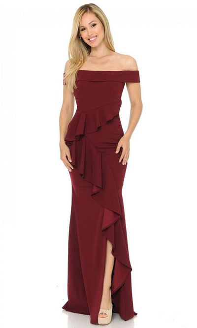 Lenovia - Ruffle Draped High Slit Gown 5207 In Red