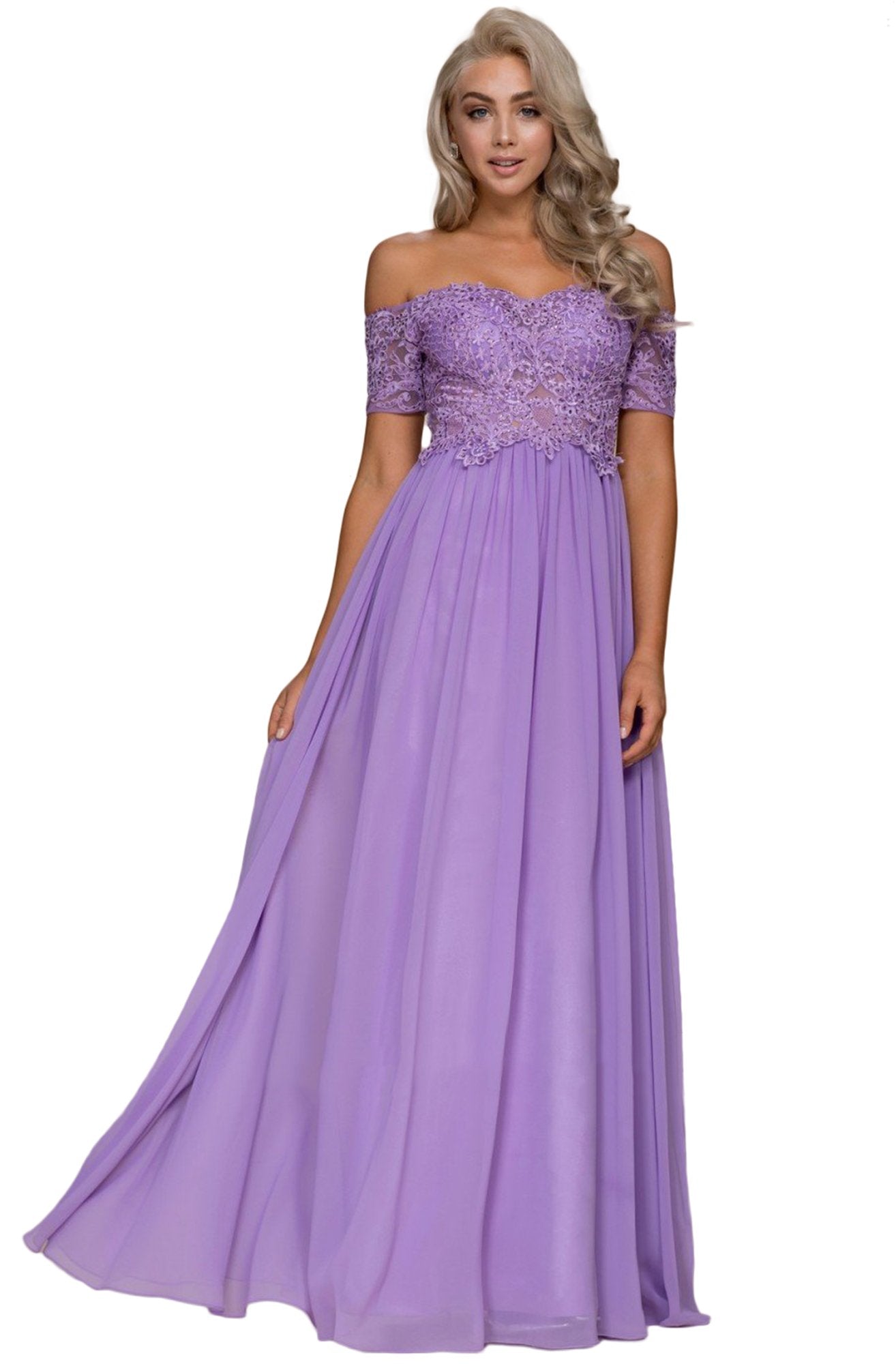 Nox Anabel - A061 Off Shoulder Lace Illusion Bodice Gown In Purple