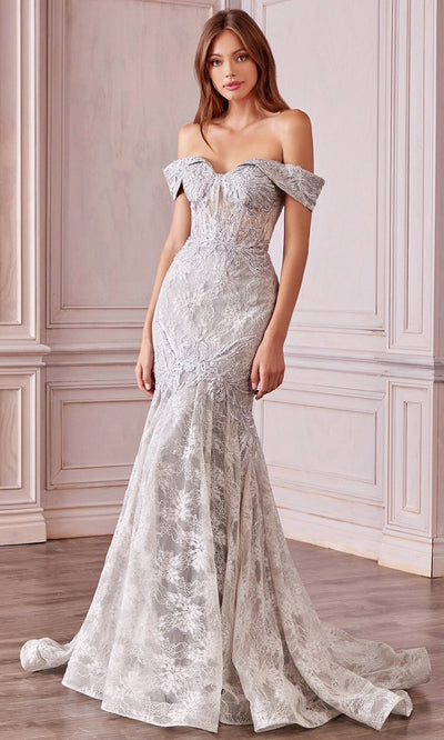 Andrea and Leo - A0666SC Sweetheart Off Shoulder Lace Trumpet Dress In Silver