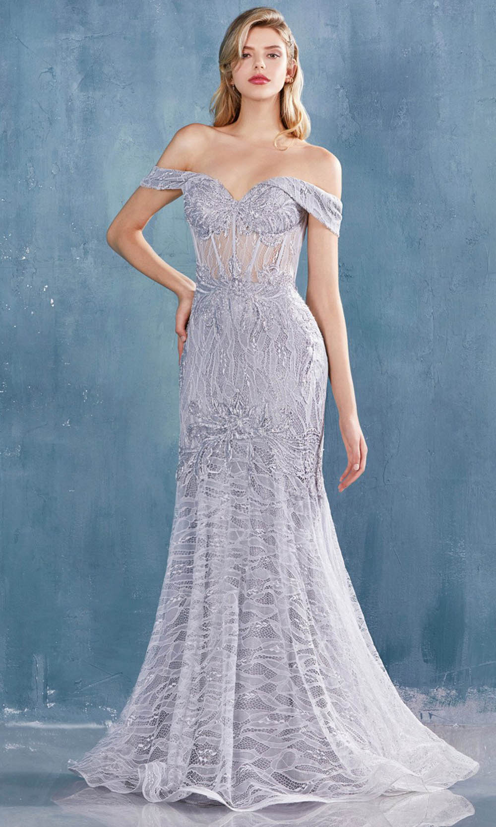 Andrea and Leo - A0666SC Sweetheart Off Shoulder Lace Trumpet Dress In Silver