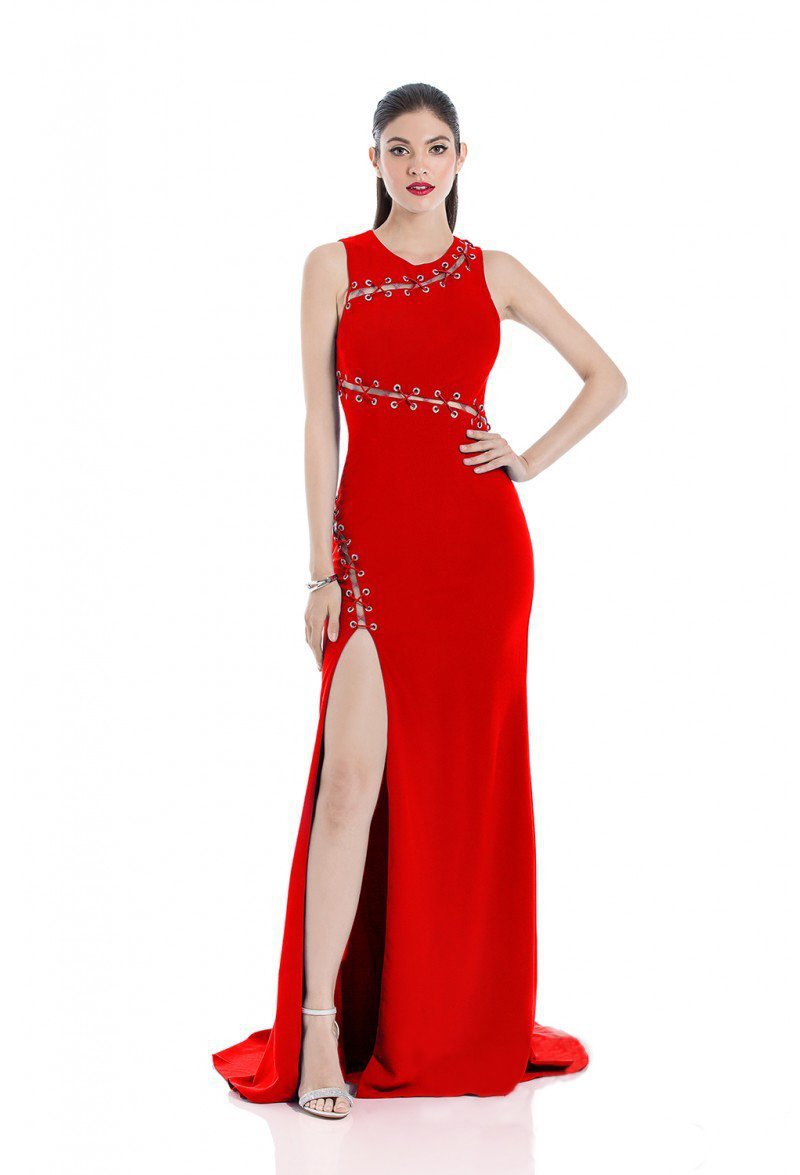 Terani Couture - 1612P0518A Accented Jewel Neck Sheath Dress in Red
