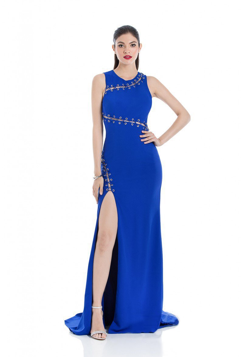 Terani Couture - 1612P0518A Accented Jewel Neck Sheath Dress in Blue