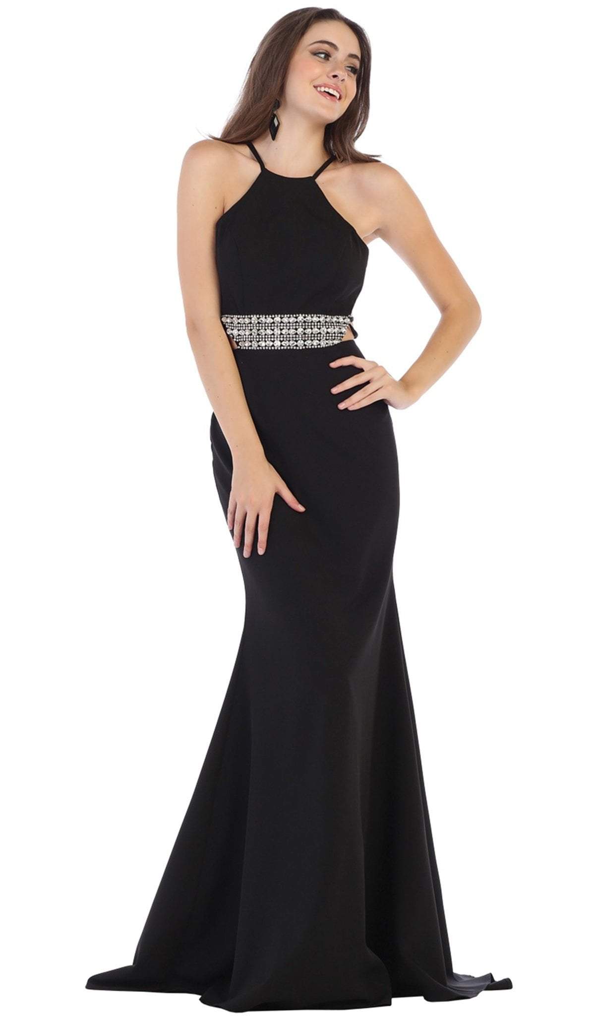 May Queen - RQ7660 Strappy Bejeweled Waist Halter Gown In Black