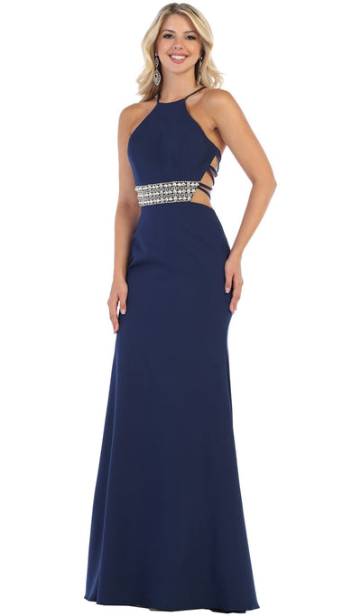 May Queen - RQ7660 Strappy Bejeweled Waist Halter Gown In Blue