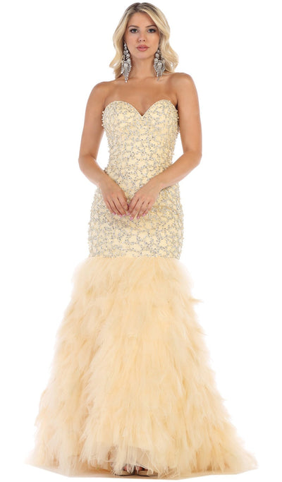 May Queen - RQ7668SC Strapless Feathered Tulle Gown