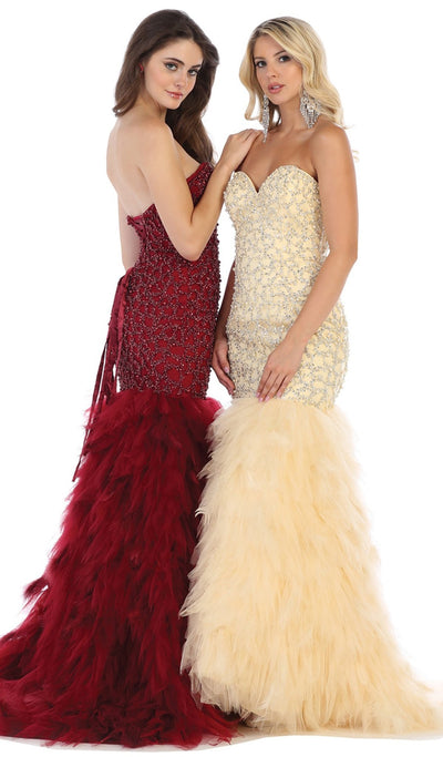 May Queen - RQ7668SC Strapless Feathered Tulle Gown