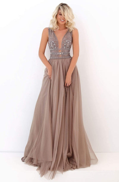 Tarik Ediz - 50740 Sexy V-Neck Bejeweled A-Line Dress Evening Dresses
