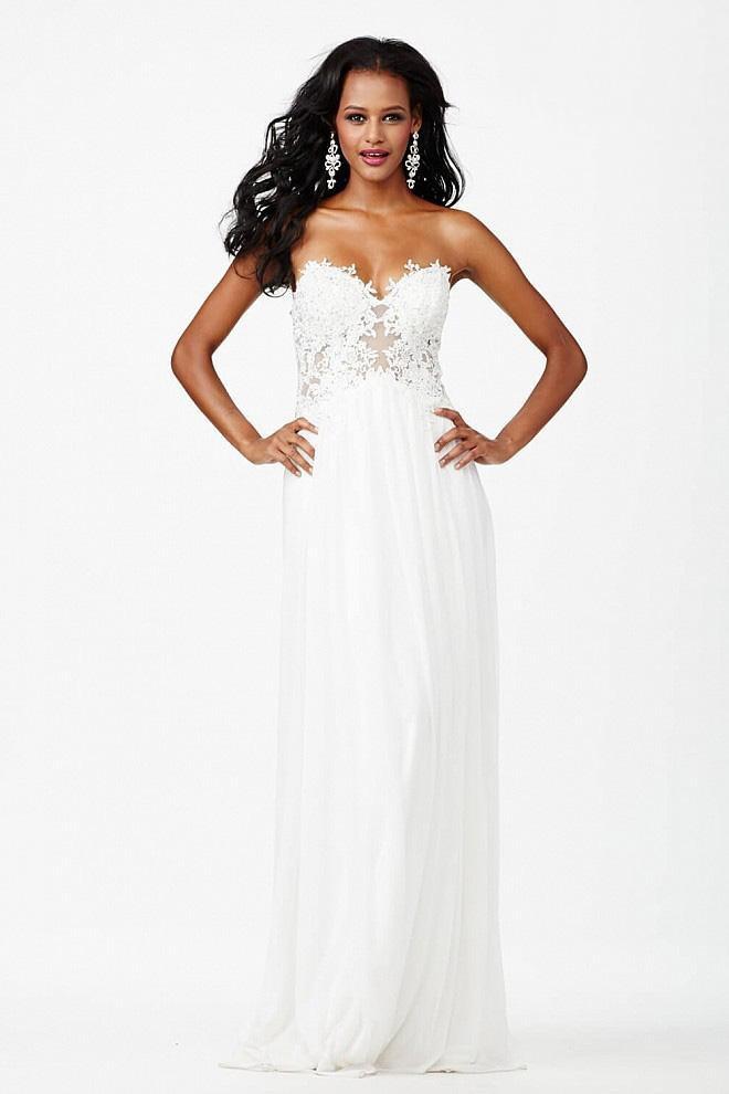 Jovani - JVN30805 Strapless Sweetheart Sheer Lace Bodice Long Gown in White