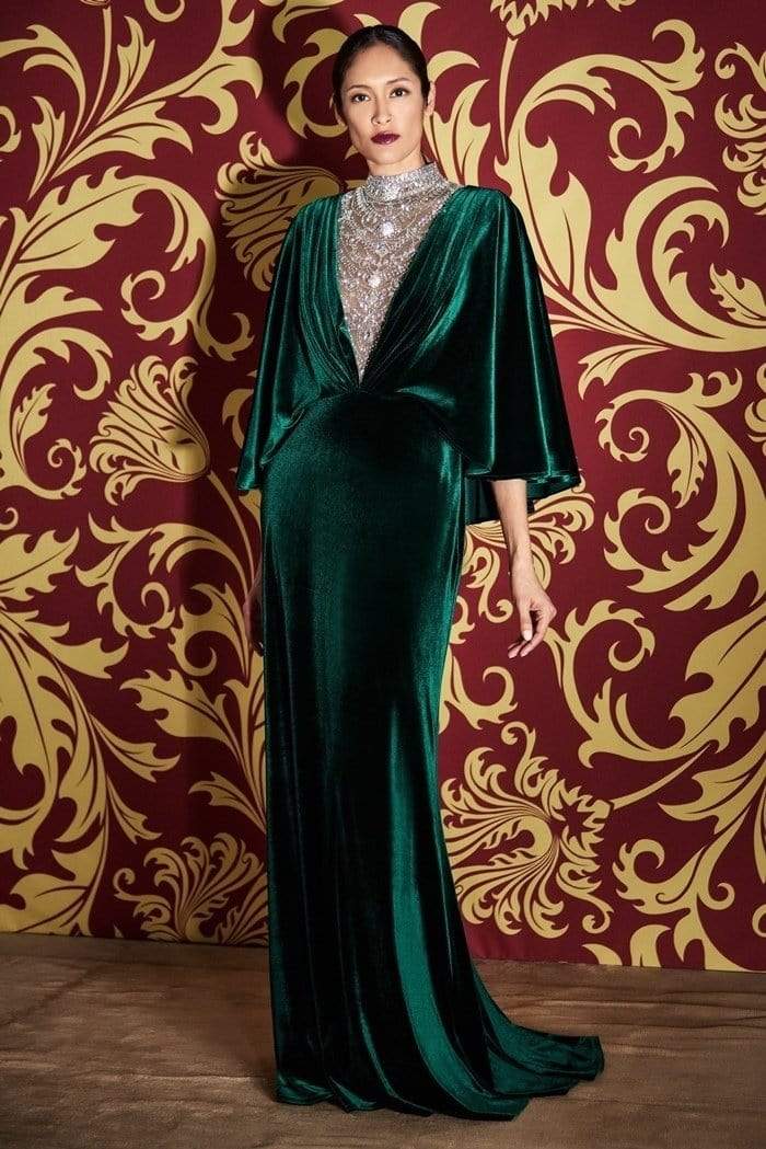 Tadashi Shoji - Beaded Illusion Plunging V Neck Capelet Gown In Green