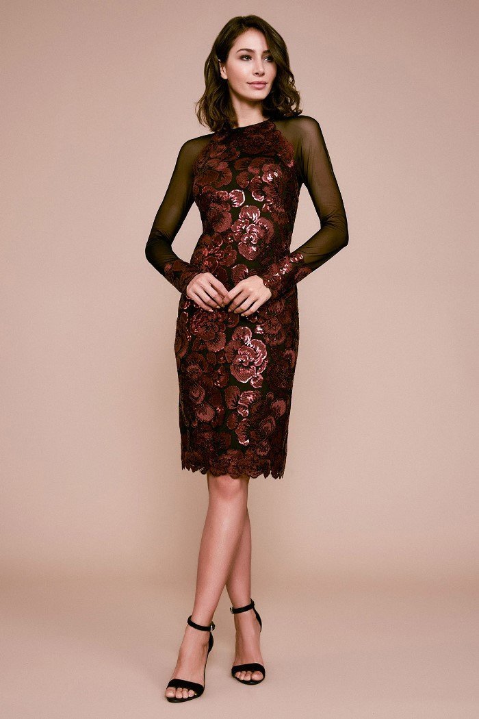 Tadashi Shoji - Long-Sleeve Sequin Embroidered Hollis Dress In Brown and Black