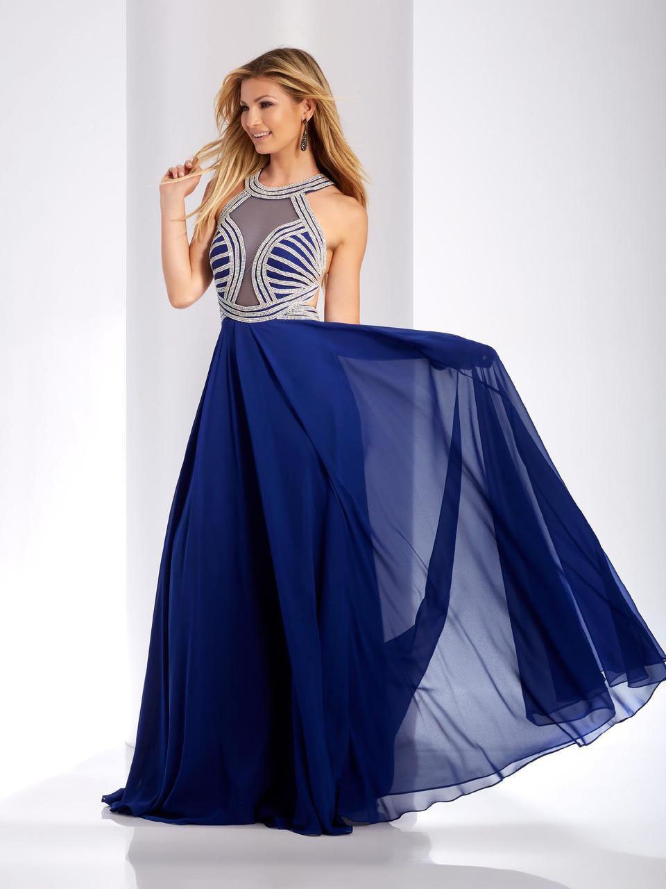 Clarisse - 3412 Illusion Halter A-line Dress in Blue