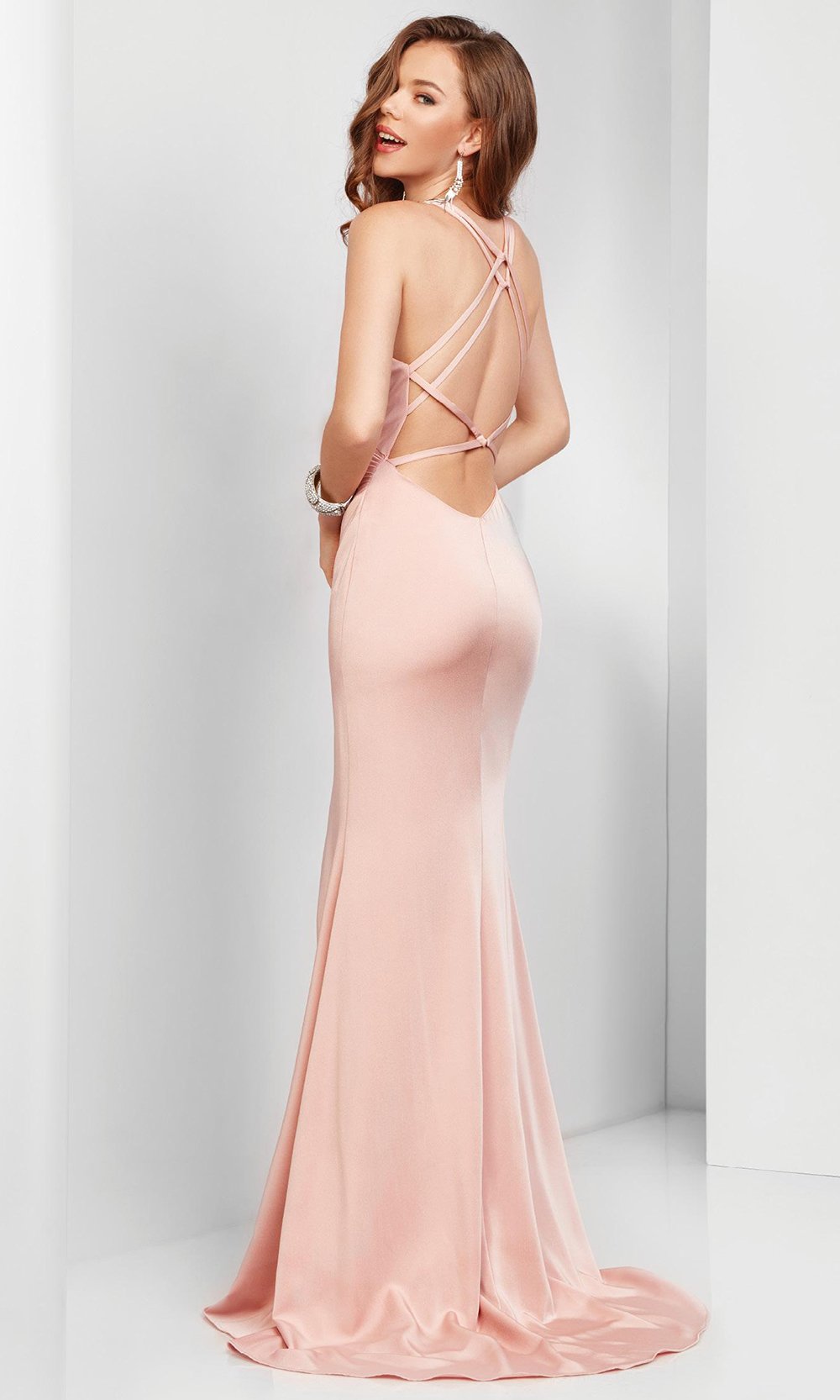 Clarisse - 3456 Plunging V-neck Sheath Satin Gown in Pink