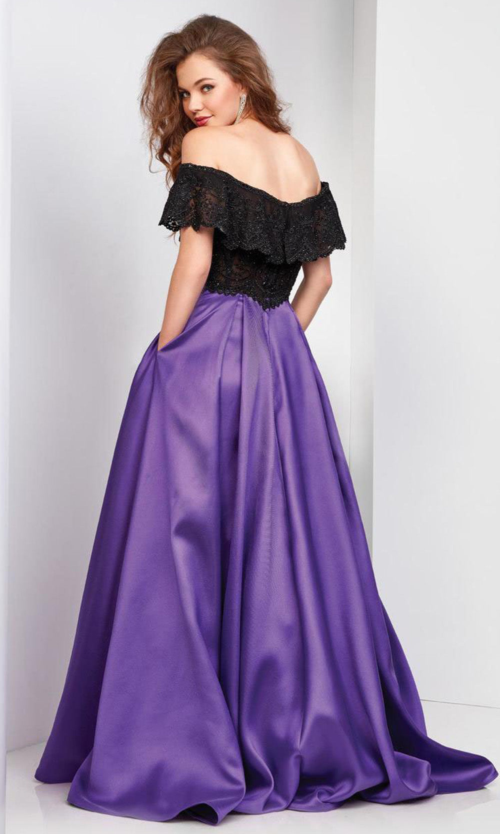 Clarisse - 3582SC Flounce Off Shoulder Mikado A-Line Gown In Black and Purple