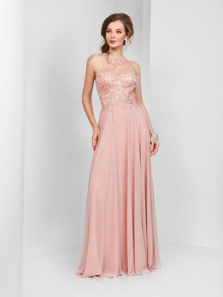 Clarisse - Jeweled Lace Applique Halter Gown 3528 In Pink