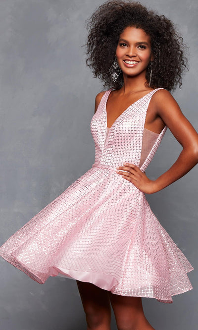 Clarisse - 3627 Allover Sequin Cutout Illusion Cocktail Dress in Pink