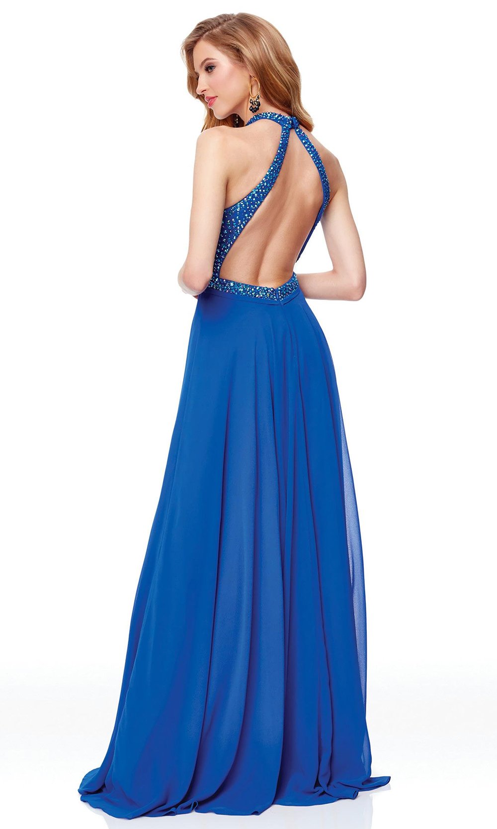 Clarisse - 3750 Rhinestone-Studded High Halter Chiffon Gown In Blue
