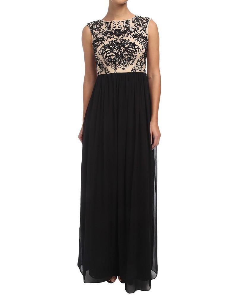 Adrianna Papell - 91899340 Beaded Cap Sleeves Chiffon Dress in Black and Neutral
