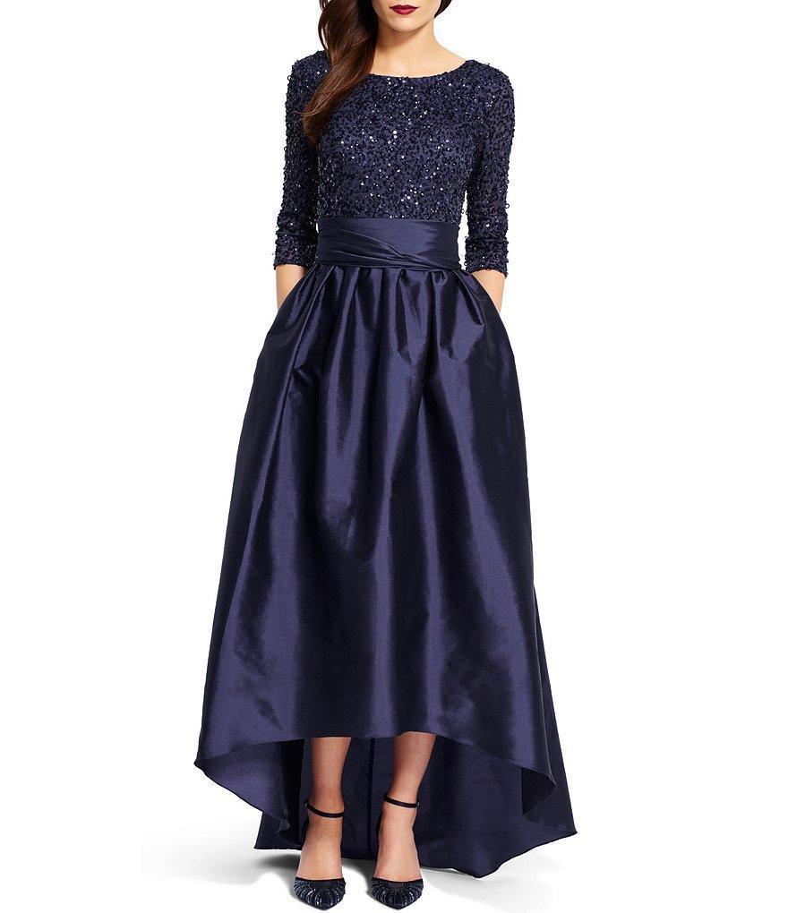 Adrianna Papell 091919630 Sequined High Low Bow Accent Gown - 1 pc Navy in Size 8 Available CCSALE 8 / Navy