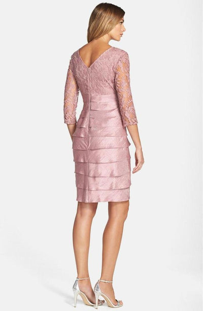 Adrianna Papell 12245620 V-Neck Lace Bodice Tiered Sheath Mini Dress - 1 Pc. Ash Rose in Size 6 Available CCSALE 6 / Ash Rose