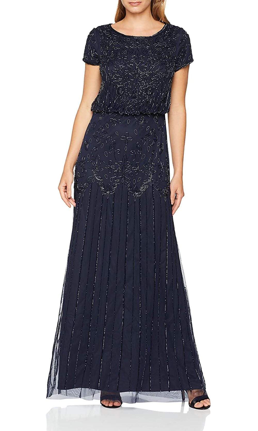 Adrianna Papell Beaded Short Sleeve Blouson Long Dress