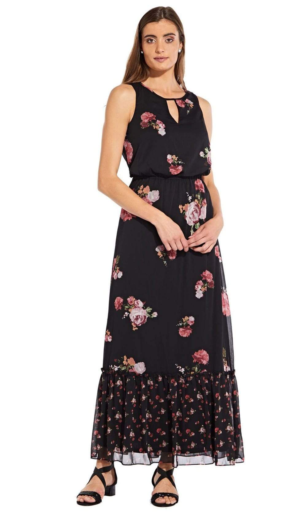 Adrianna Papell - AP1D102546 Sleeveless Floral Print Chiffon Dress Wedding Guest 0 / Black Multi