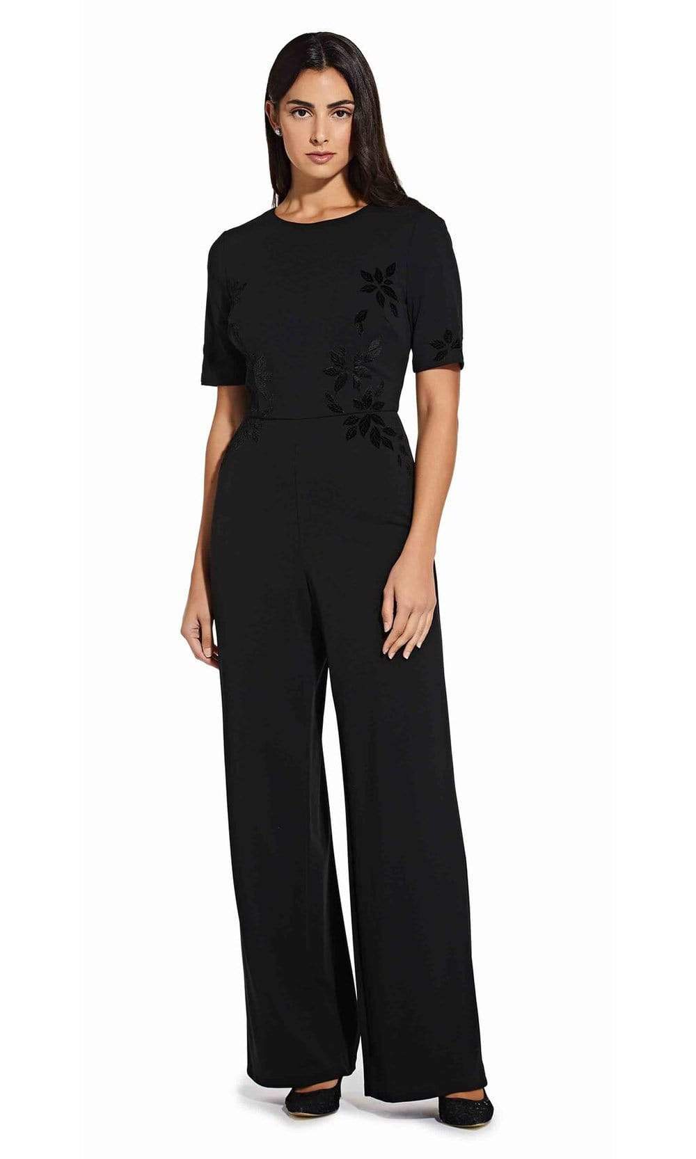Adrianna Papell - AP1D103623 Short Sleeves Velvet Appliqued Jumpsuit Evening Dresses 0 / Black