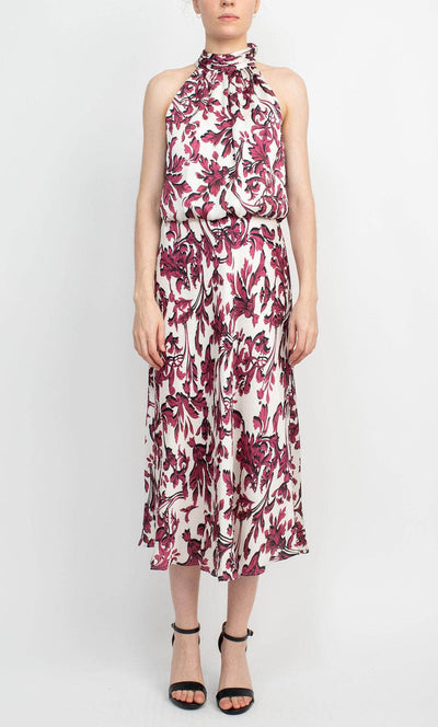 Adrianna Papell AP1D104269 - Sleeveless Halter Neck Tea-Length Dress Special Occasion Dress 6 / Burgundy Multi