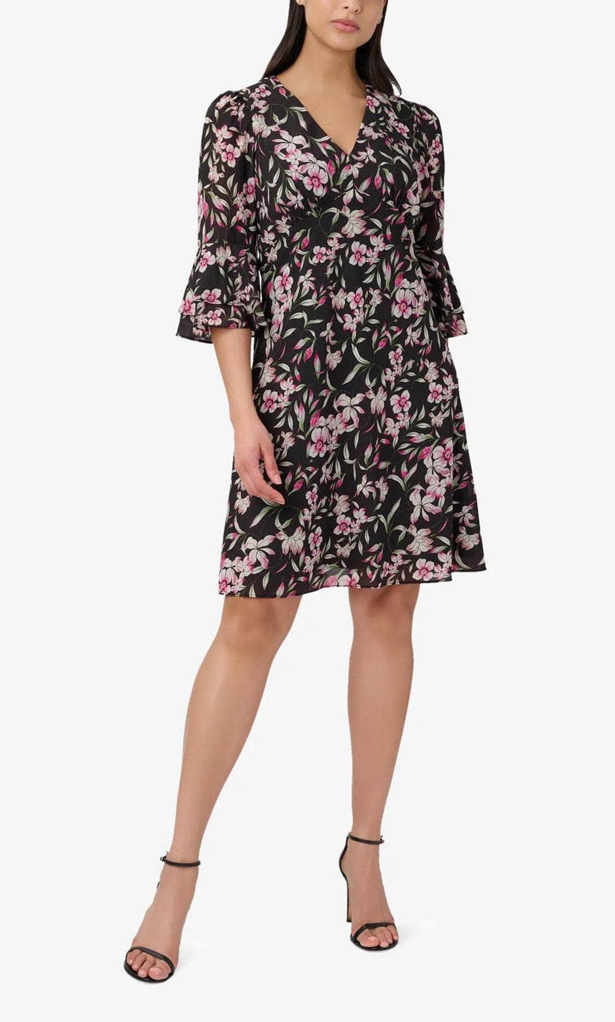 Adrianna Papell AP1D104622 - Bell Sleeve Floral Short Dress Holiday Dresses 0 / Black Multi