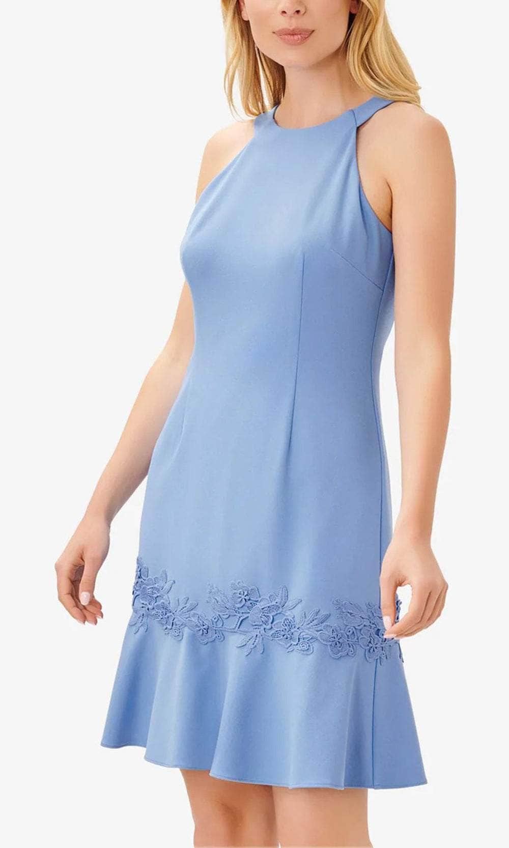 Adrianna Papell AP1D104682 - Short Stretch Knit Crepe: A-Line Dress - Sleeveless, Lace Applique, V-Cutout Back, Self-Tie, Flounce Hem ADASA Adrianna Papell AP1D104682 - Short Stretch Knit Crepe: A-Line Dress - Sleeveless, Lace Applique, V-Cutout Back, Self-Tie, Flounce Hem ADASA