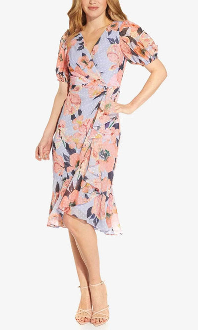 Adrianna Papell AP1D104709 - Surplice Puff Sleeve Dress Cocktail Dresses 6 / Opal Coral Multi