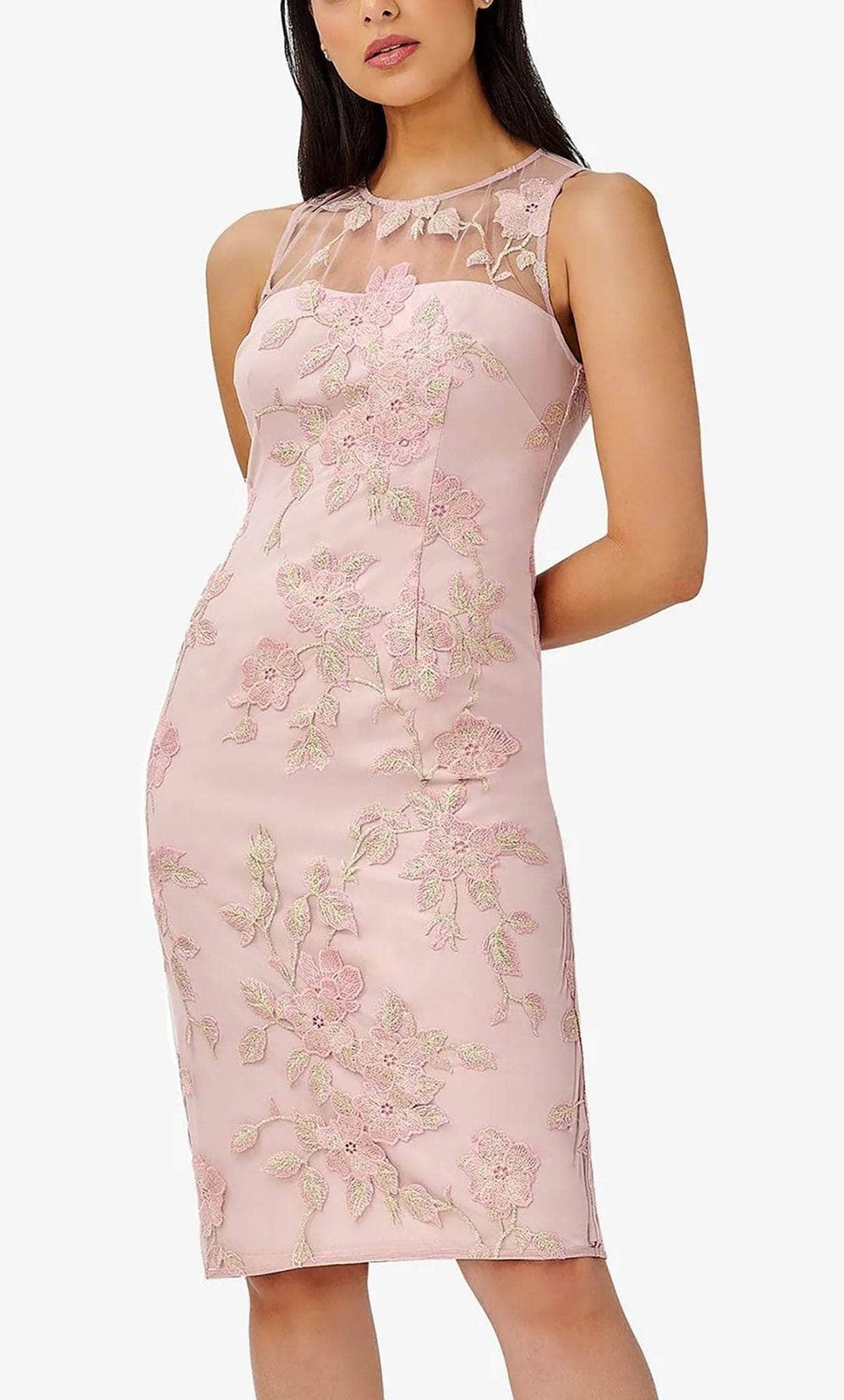 Adrianna Papell AP1D104769 - Knee-Length Embroidered Mesh Sheath Dress - Sleeveless, Illusion, Seams, Lace Applique ADASA Adrianna Papell AP1D104769 - Knee-Length Embroidered Mesh Sheath Dress - Sleeveless, Illusion, Seams, Lace Applique ADASA