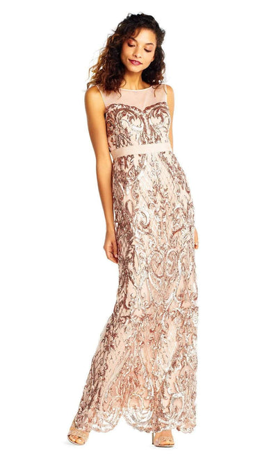 Adrianna Papell - AP1E202469SC Illusion Neck Fulle Sequined Dress In Gold