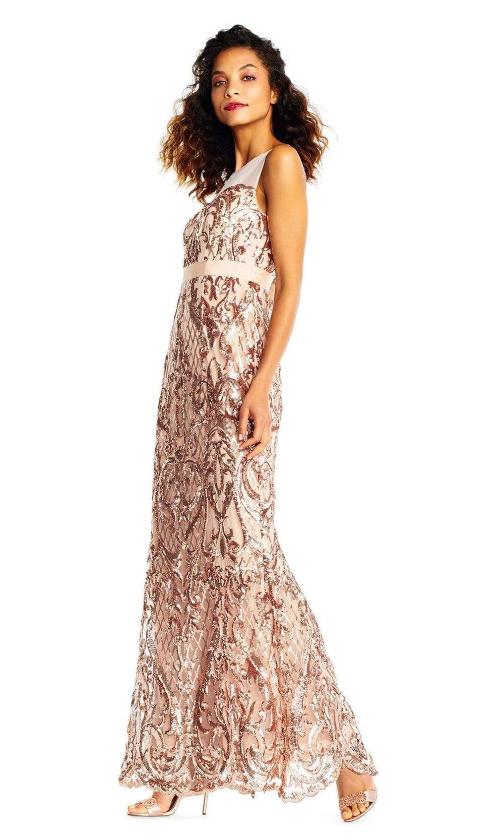 Adrianna Papell - AP1E202469SC Illusion Neck Fulle Sequined Dress In Gold