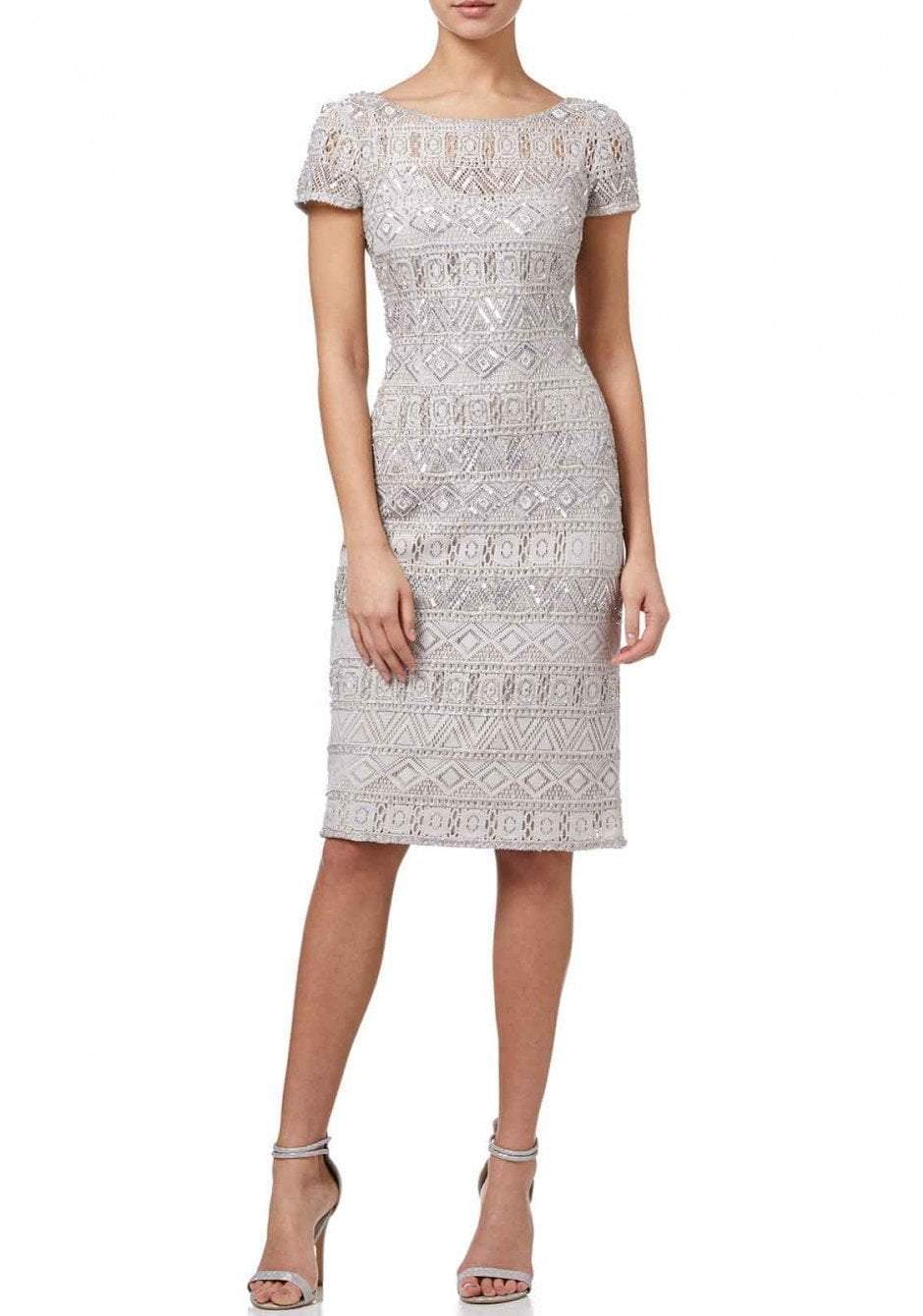 Adrianna Papell - AP1E202476 Ornate Short Sleeve Bateau Fitted Dress In Silver
