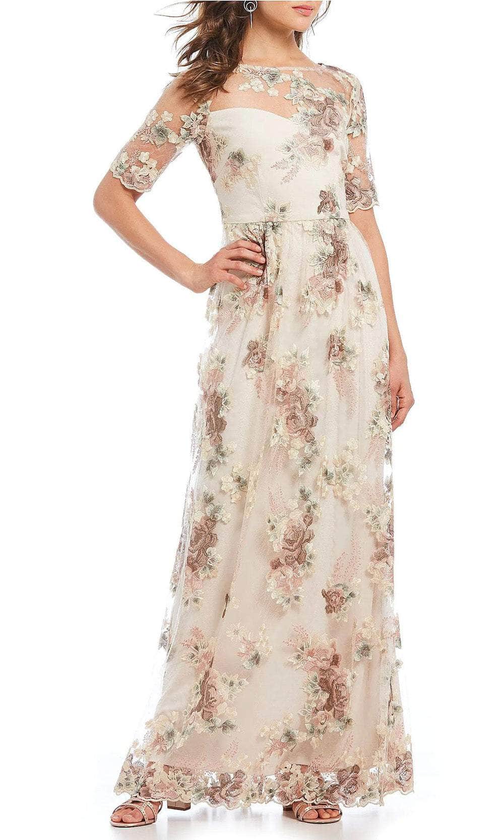 Adrianna Papell AP1E203576 - Illusion Sleeve Floral Evening Gown Special Occasion Dress 0 / Mink Multi