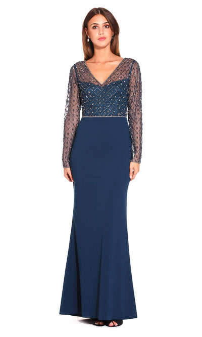 Adrianna Papell - Embellished V-Neck Evening Dress AP1E203730 - 1 pc Deep Blue In Size 2 Available CCSALE 2 / Deep Blue