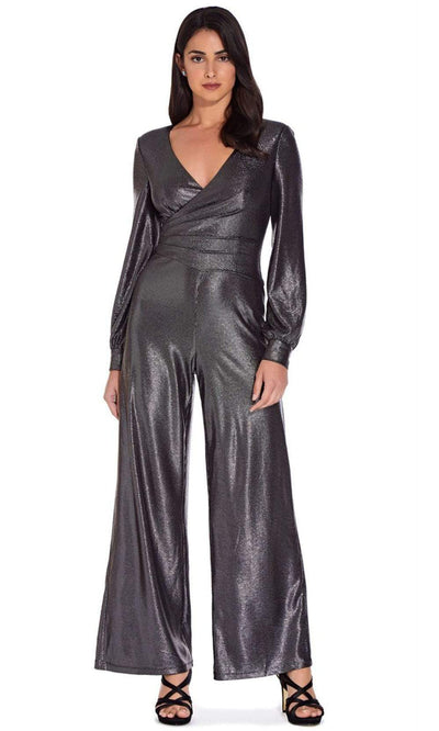 Adrianna Papell - AP1E206841 V-Neck Metallic Jersey Jumpsuit Evening Dresses 4 / Black Gunmetal